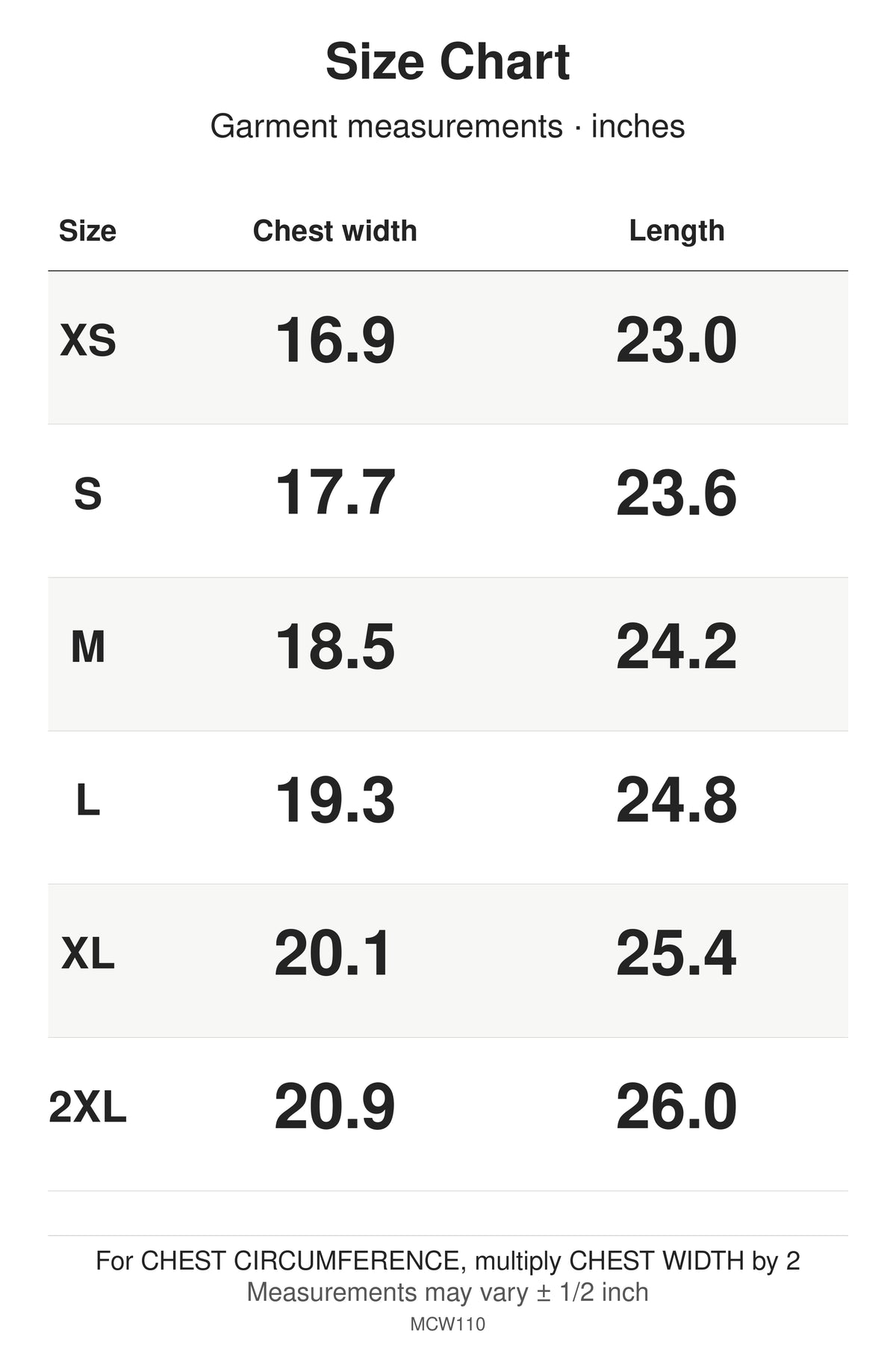 MCW110 size chart: garment measurements for XS, S, M, L, XL, 2XL, in inches.