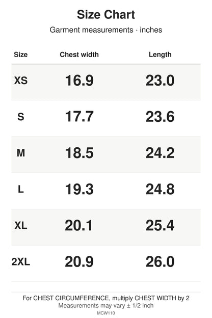 MCW110 size chart: garment measurements for XS, S, M, L, XL, 2XL, in inches.