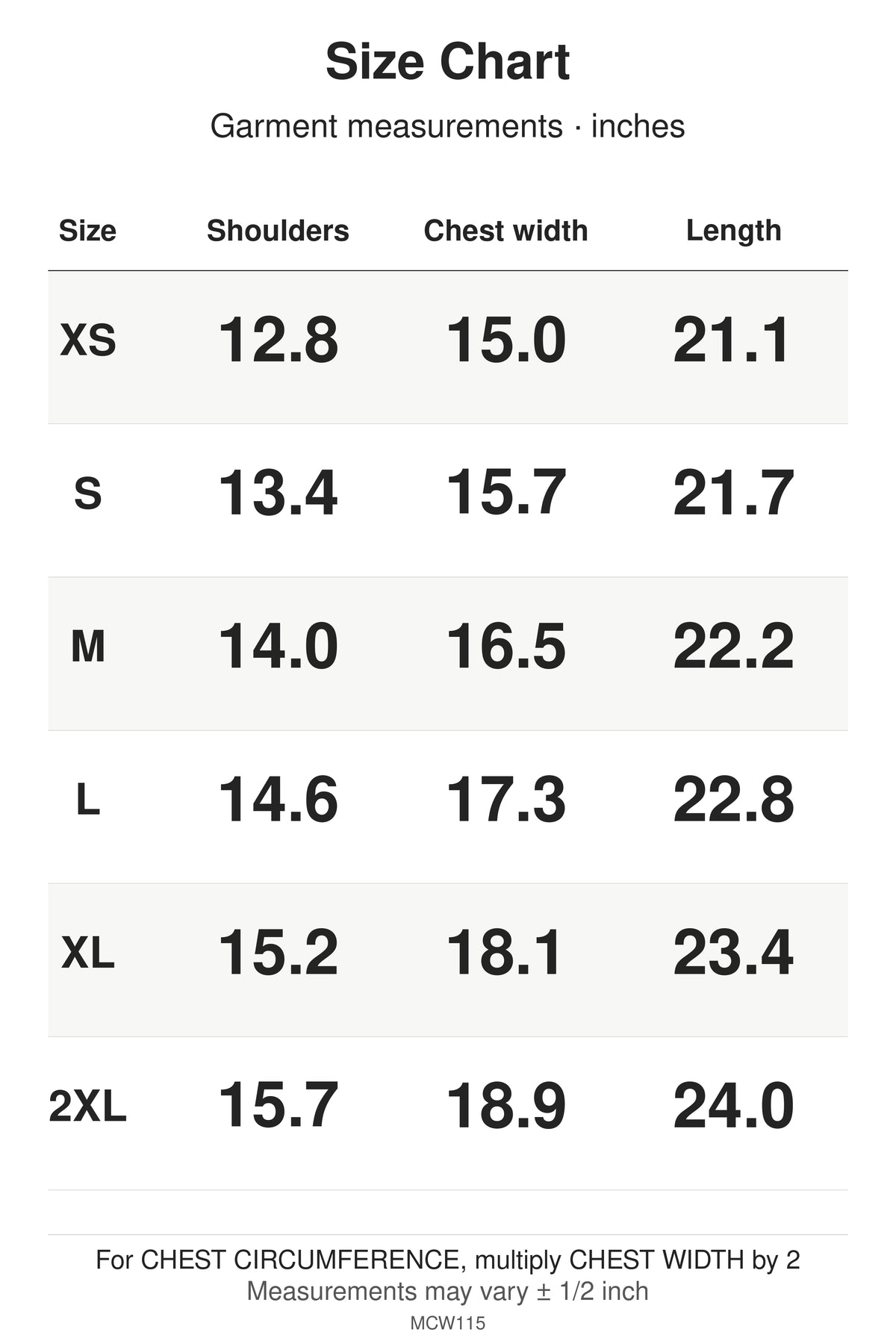MCW115 size chart: garment measurements for XS, S, M, L, XL, 2XL, in inches.