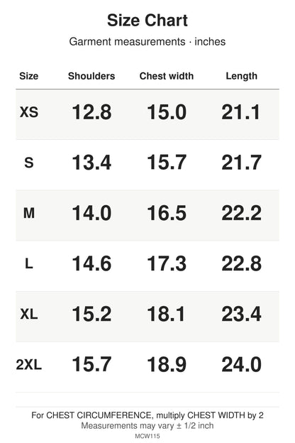 MCW115 size chart: garment measurements for XS, S, M, L, XL, 2XL, in inches.