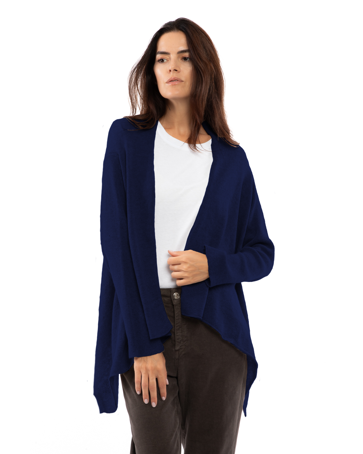 Blue pure cashmere cardigan wrap, on a model, front view showing the open draped front