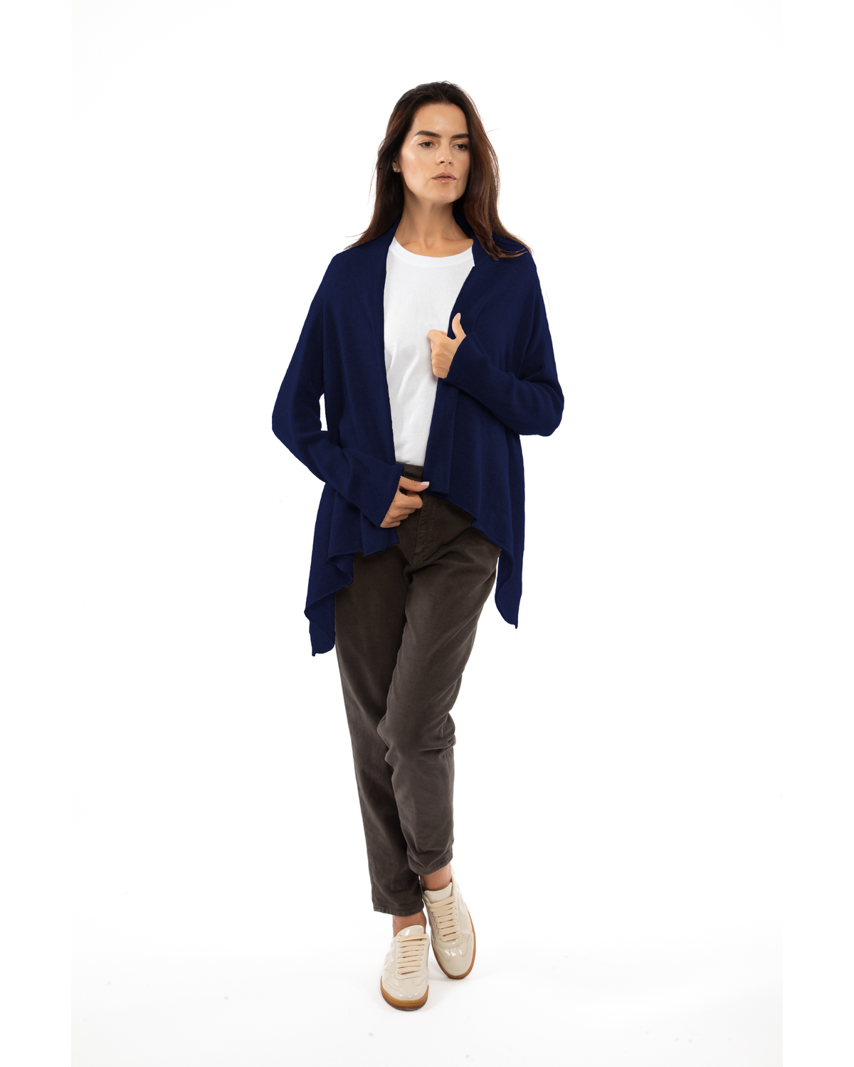 Blue pure cashmere cardigan wrap, full-length outfit on a model, front view