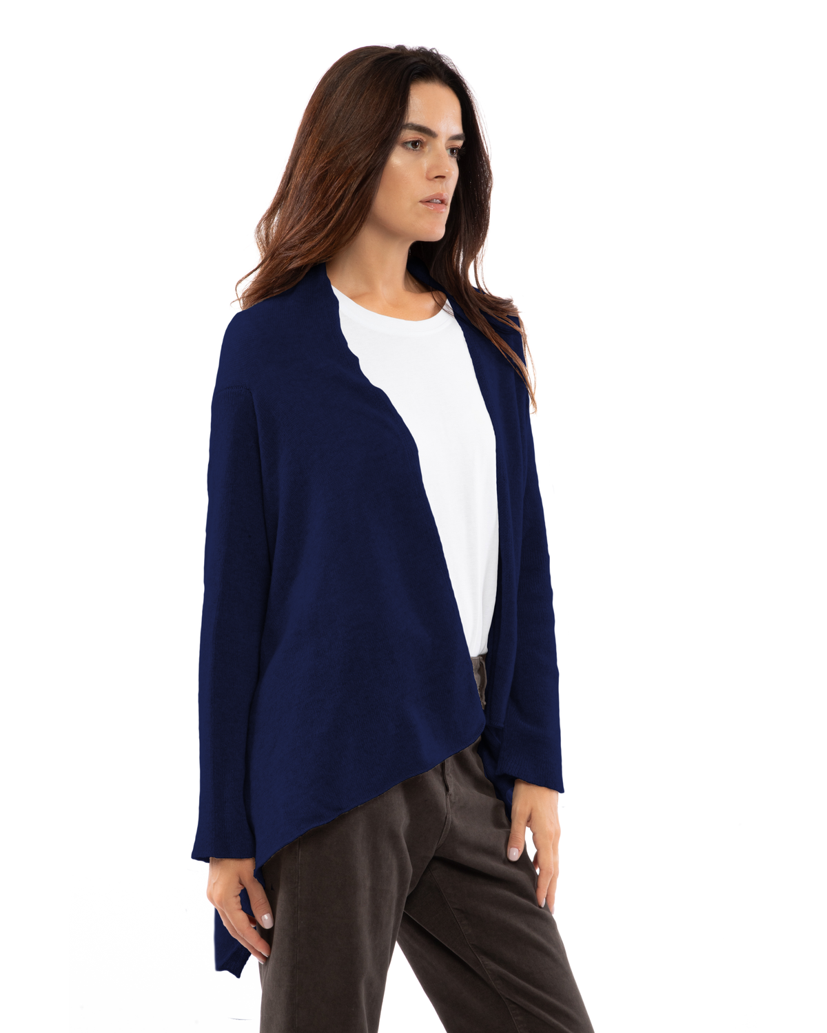 Blue pure cashmere cardigan wrap, on a model, three-quarter front view