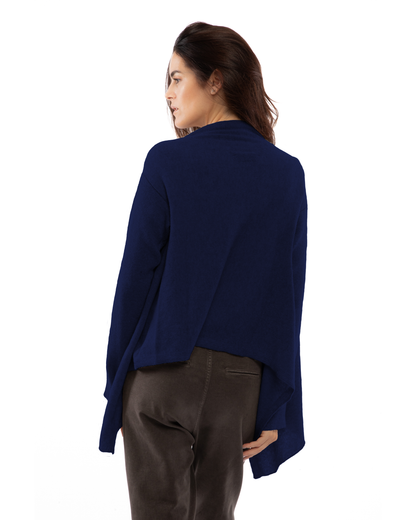 Blue pure cashmere cardigan wrap, on a model, back view