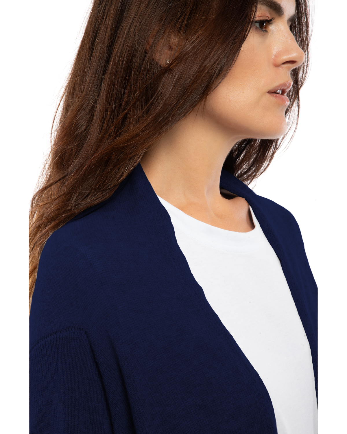Blue pure cashmere cardigan wrap, close-up of the collar and shoulder knit