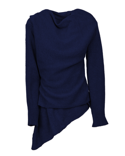 Blue pure cashmere cardigan wrap, standalone garment, wrapped front view