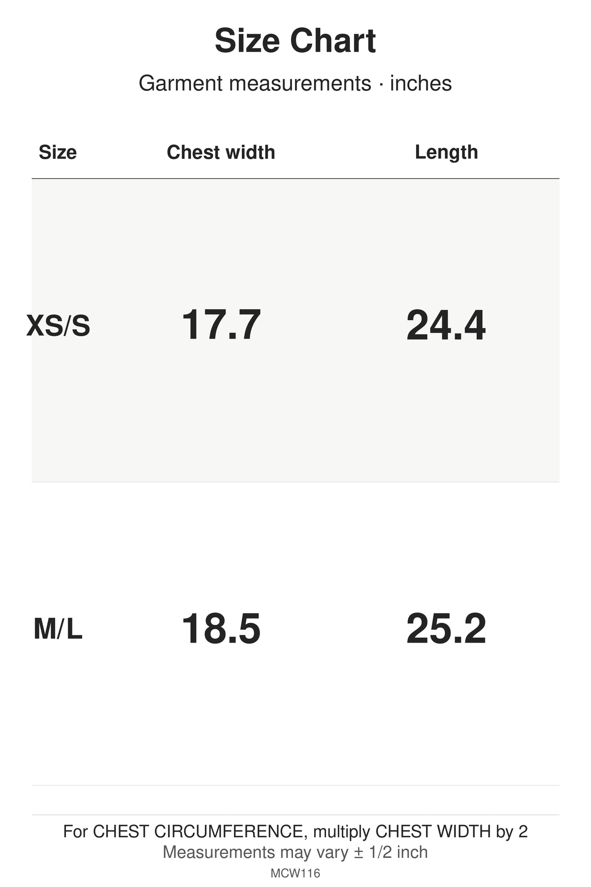 MCW116 size chart: garment measurements for XS/S, M/L, in inches.