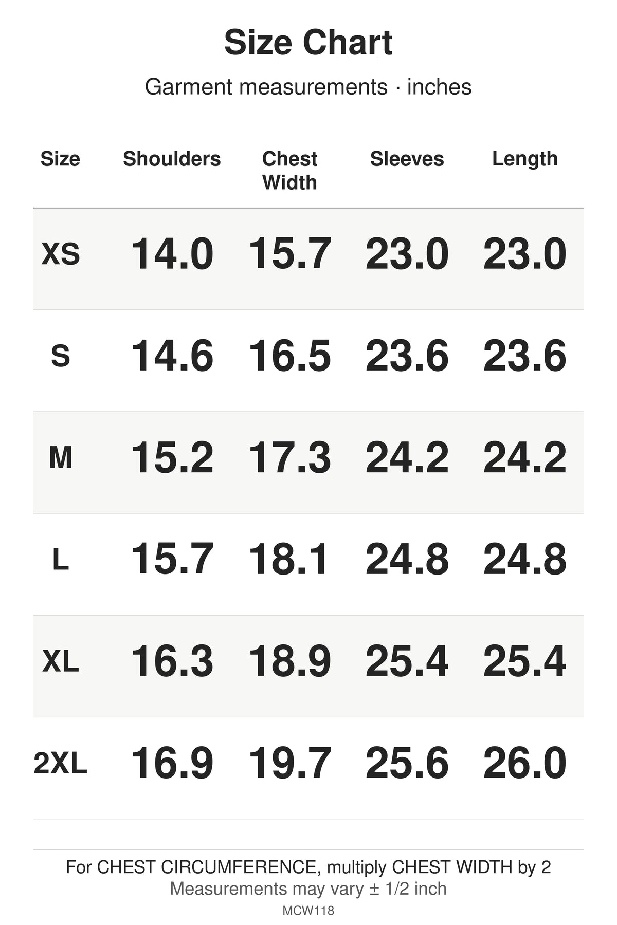 MCW118 size chart: garment measurements for XS, S, M, L, XL, 2XL, in inches.