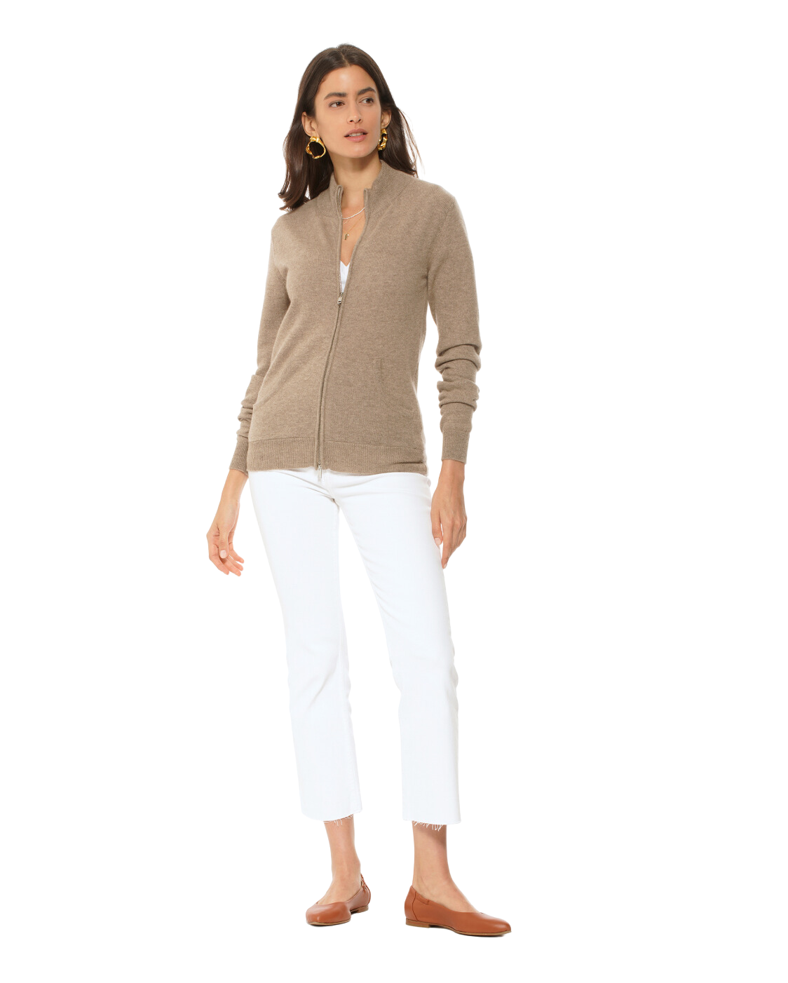 Monticelli Women's Cashmere Zip Cardigan Beige Made In Italy 2