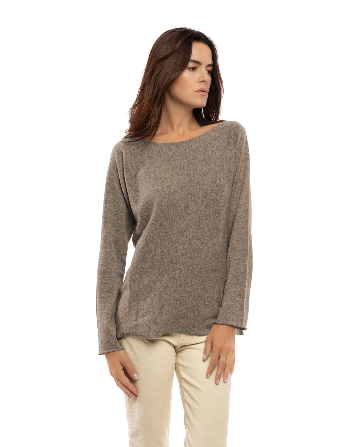 Women's cashmere maxi lounge boatneck sweater in Taupe, front view on a model