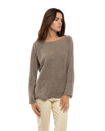 Women's cashmere maxi lounge boatneck sweater in Taupe, front view on a model
