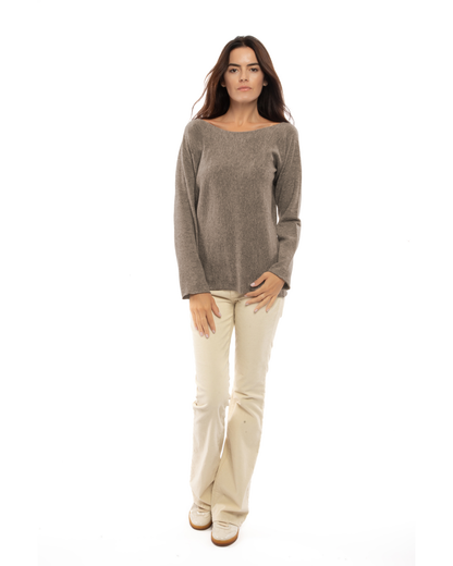 Women's cashmere maxi lounge boatneck sweater in Taupe, full-length view on a model
