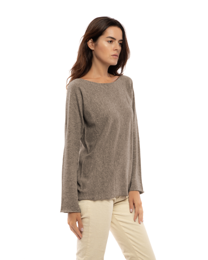 Women's cashmere maxi lounge boatneck sweater in Taupe, three-quarter view on a model