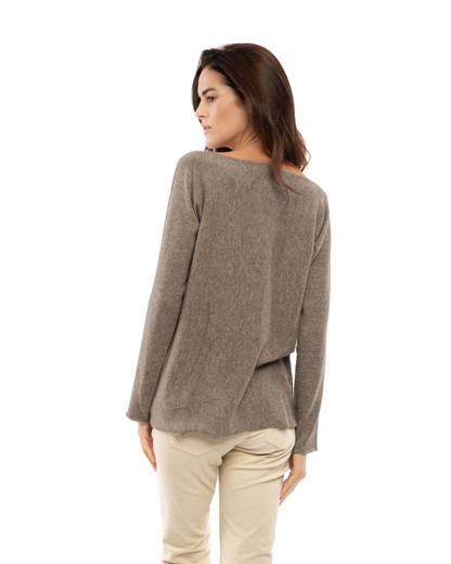 Women's cashmere maxi lounge boatneck sweater in Taupe, back view on a model