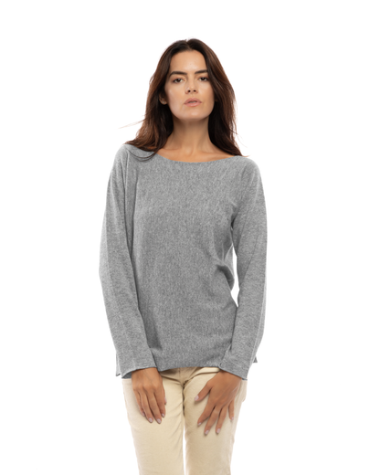 Women's cashmere maxi lounge boatneck sweater in Medium Gray, front view on a model