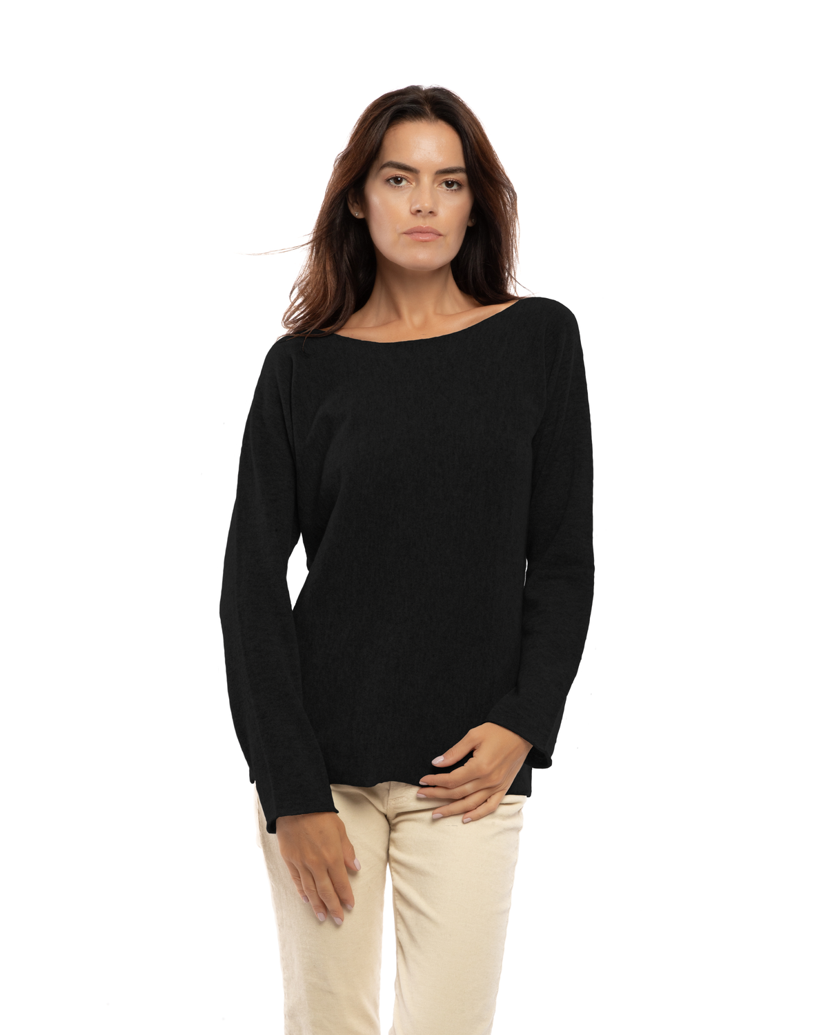 Women's cashmere maxi lounge boatneck sweater in Black, front view on a model