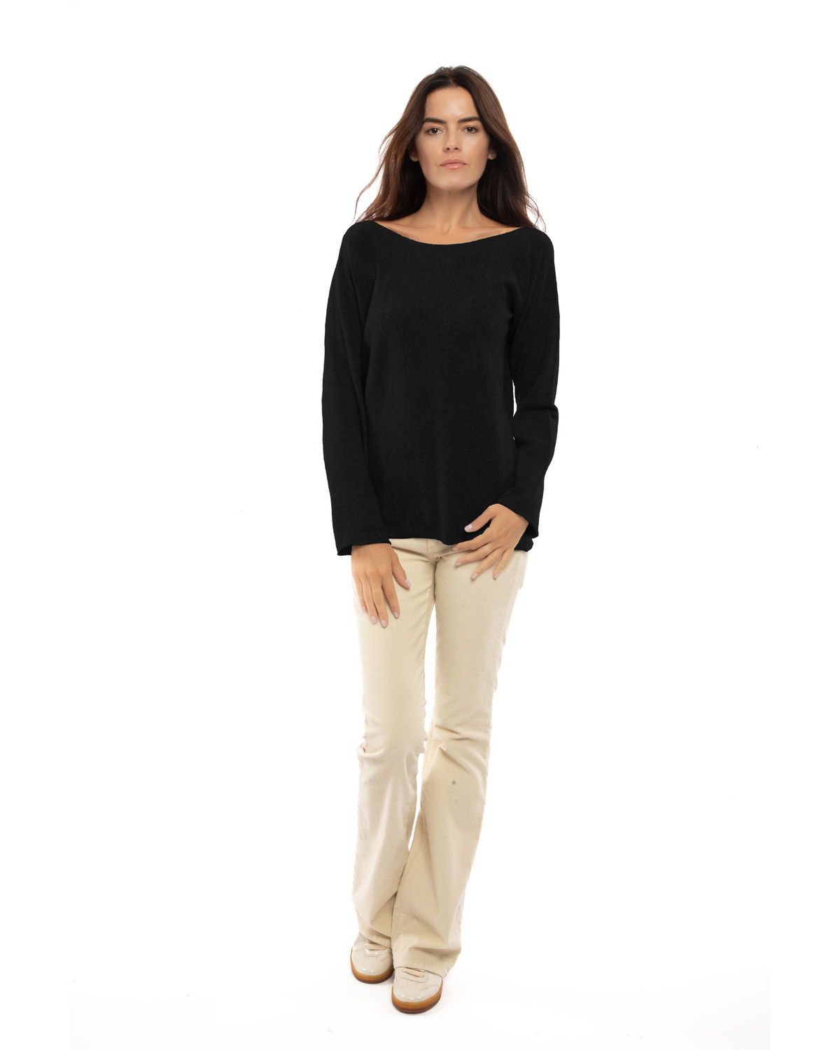 Women's cashmere maxi lounge boatneck sweater in Black, full-length view on a model