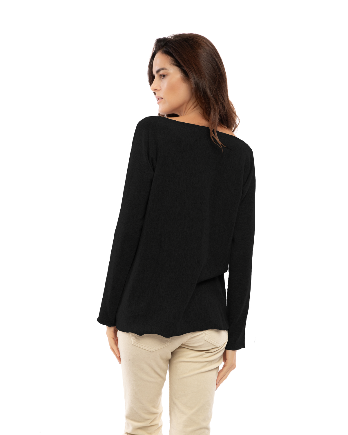 Women's cashmere maxi lounge boatneck sweater in Black, back view on a model