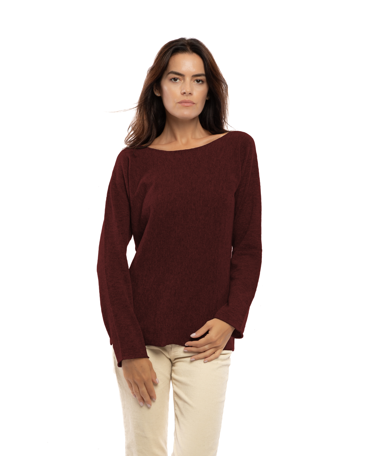 Women's cashmere maxi lounge boatneck sweater in Bordeaux, front view on a model