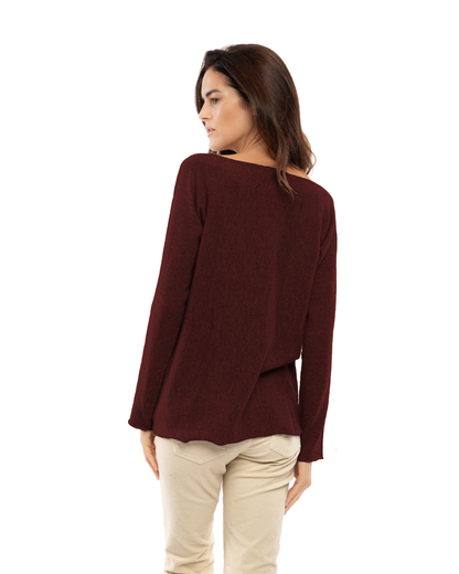 Women's cashmere maxi lounge boatneck sweater in Bordeaux, back view on a model