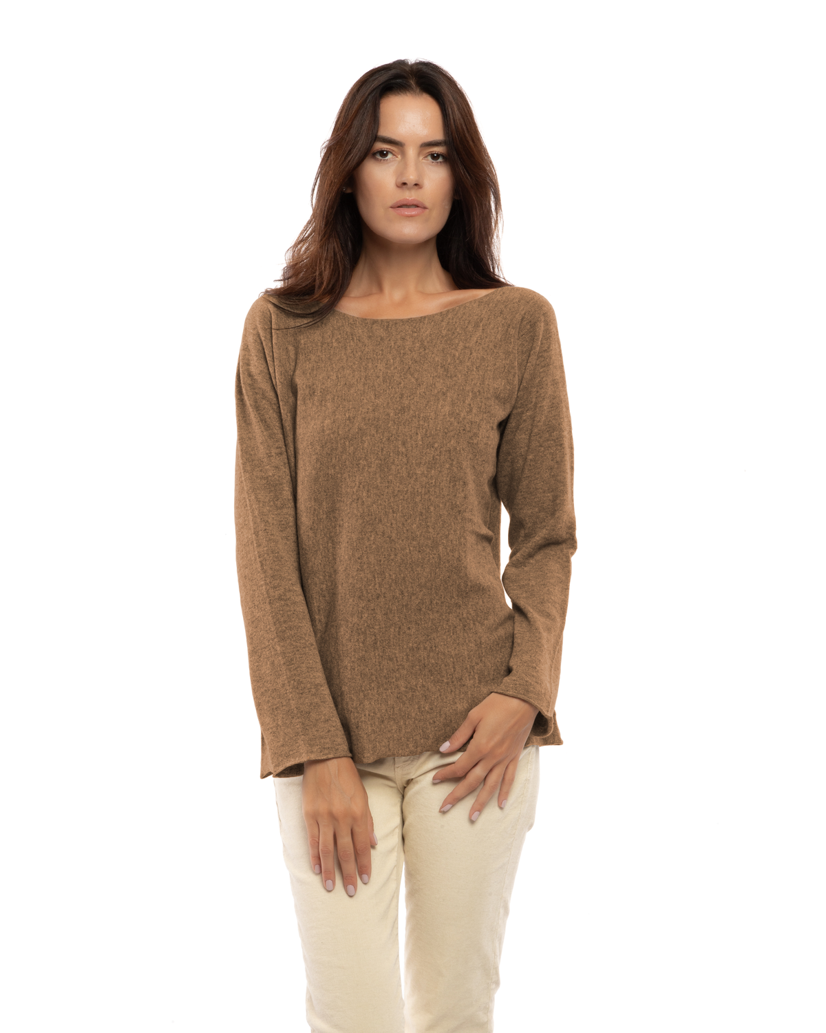 Women's cashmere maxi lounge boatneck sweater in Camel, front view on a model