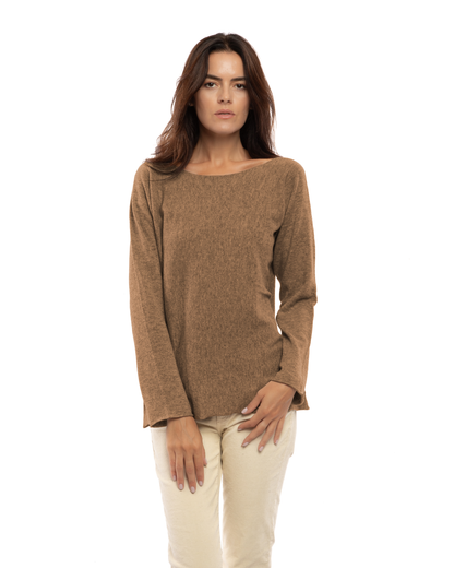 Women's cashmere maxi lounge boatneck sweater in Camel, front view on a model
