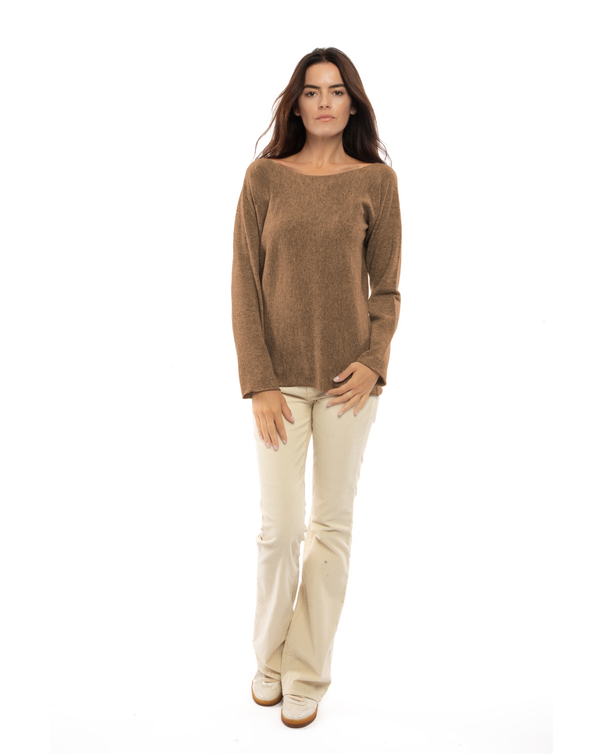 Women's cashmere maxi lounge boatneck sweater in Camel, full-length view on a model