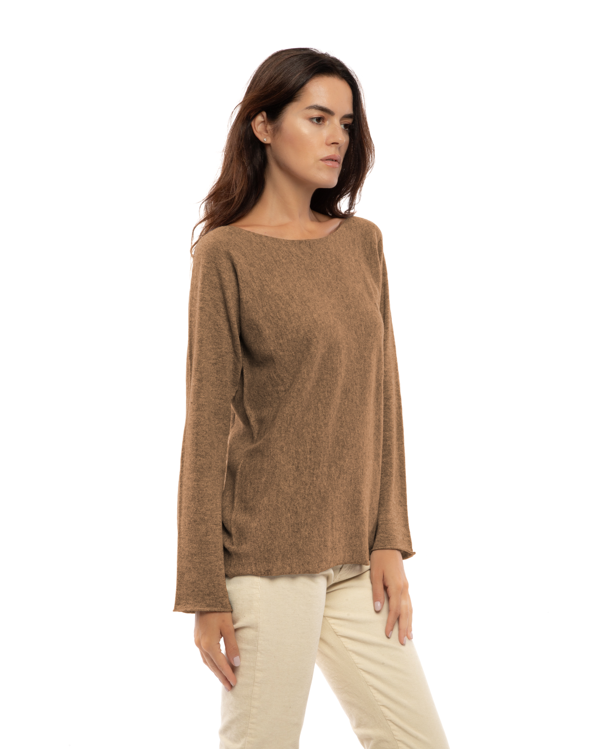 Women's cashmere maxi lounge boatneck sweater in Camel, three-quarter view on a model