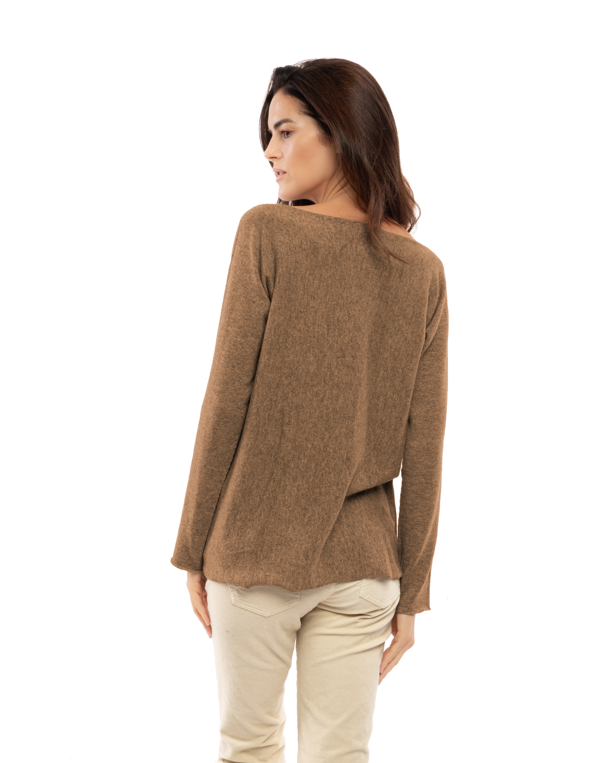 Women's cashmere maxi lounge boatneck sweater in Camel, back view on a model