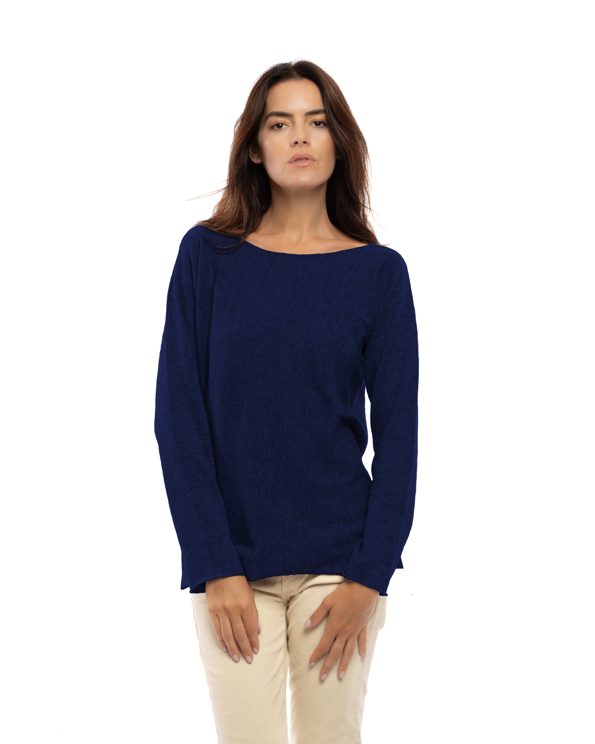 Women's cashmere maxi lounge boatneck sweater in Blue, front view on a model