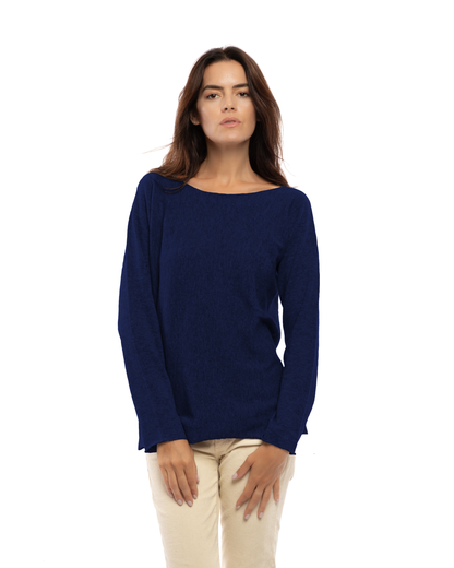 Women's cashmere maxi lounge boatneck sweater in Blue, front view on a model