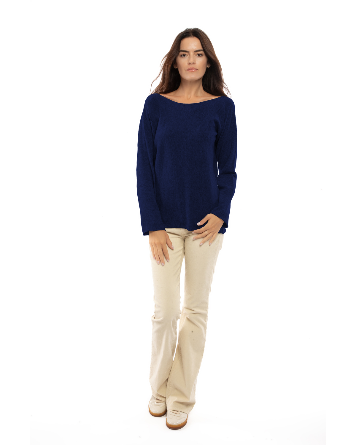 Women's cashmere maxi lounge boatneck sweater in Blue, full-length view on a model