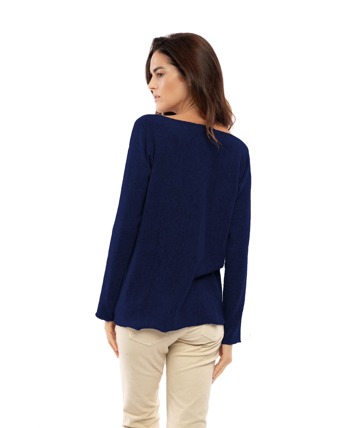 Women's cashmere maxi lounge boatneck sweater in Blue, back view on a model