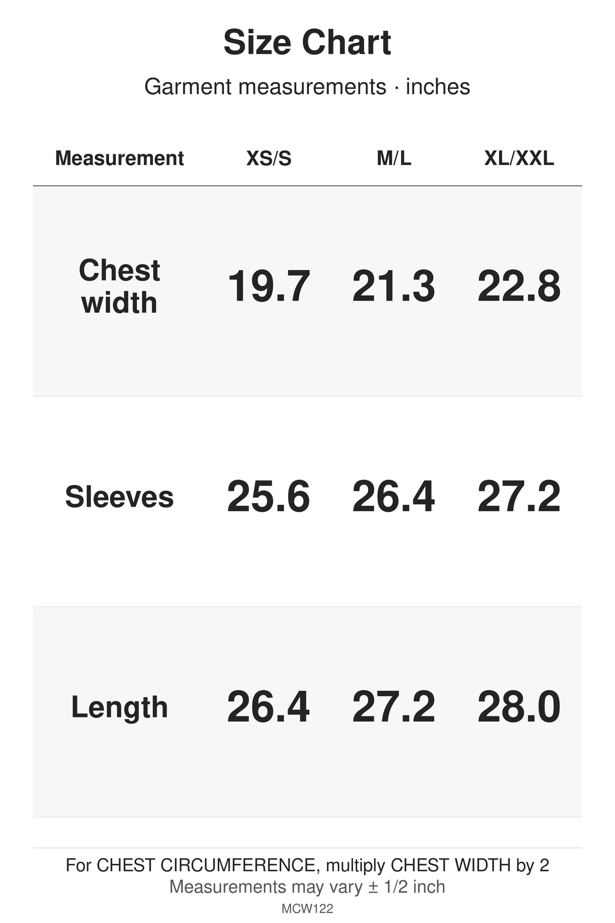 MCW122 size chart: garment measurements for XS/S, M/L, XL/XXL, in inches.