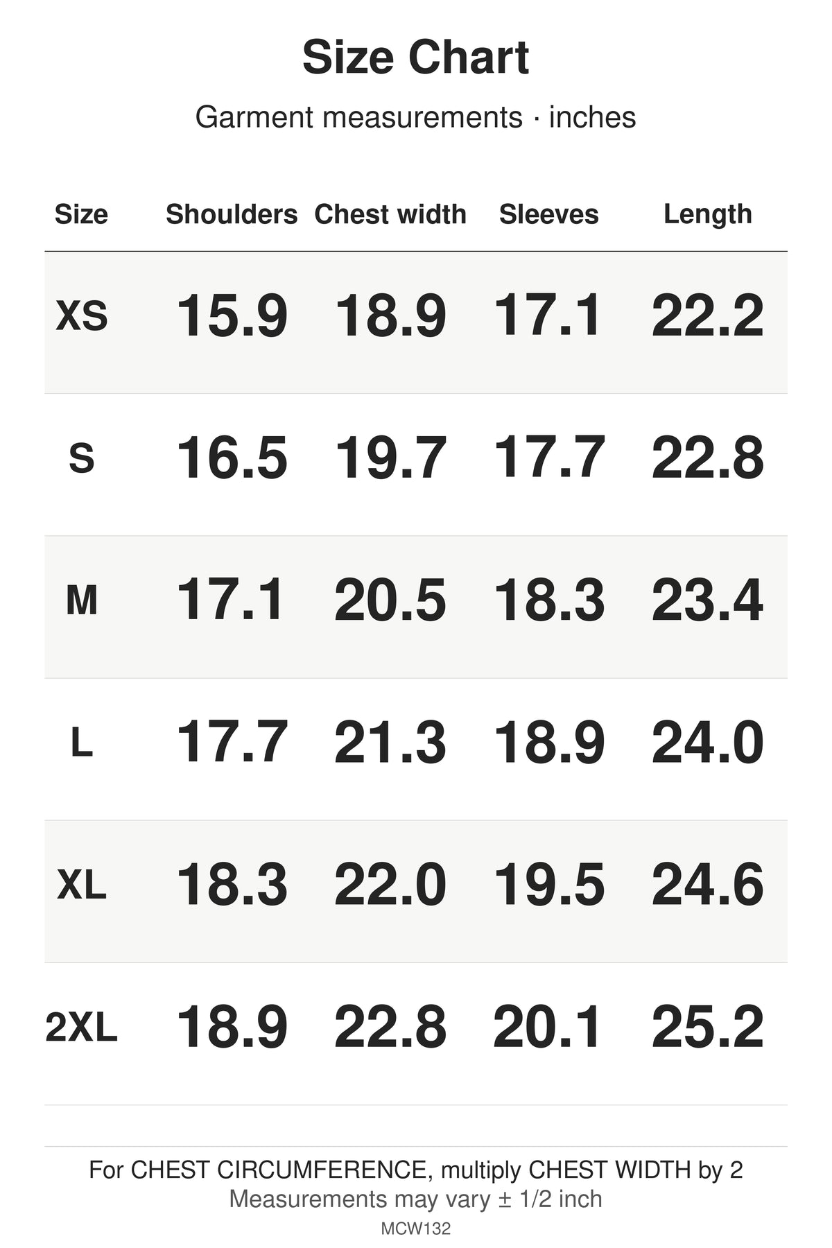MCW132 size chart: garment measurements for XS, S, M, L, XL, 2XL, in inches.