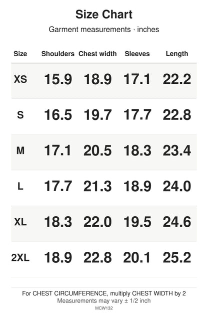 MCW132 size chart: garment measurements for XS, S, M, L, XL, 2XL, in inches.