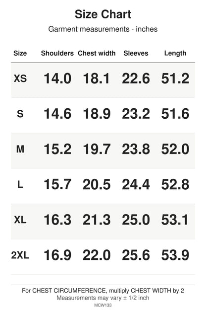 MCW133 size chart: garment measurements for XS, S, M, L, XL, 2XL, in inches.
