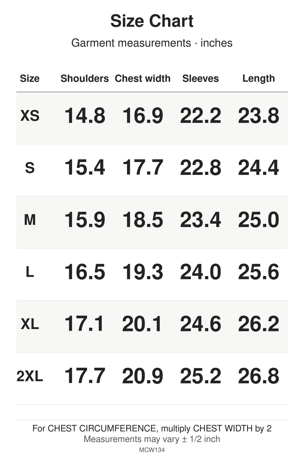 MCW134 size chart: garment measurements for XS, S, M, L, XL, 2XL, in inches.