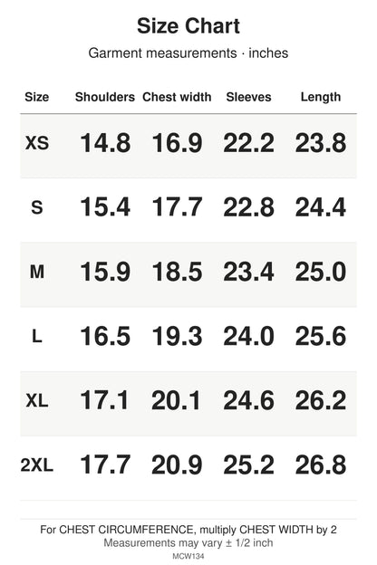 MCW134 size chart: garment measurements for XS, S, M, L, XL, 2XL, in inches.