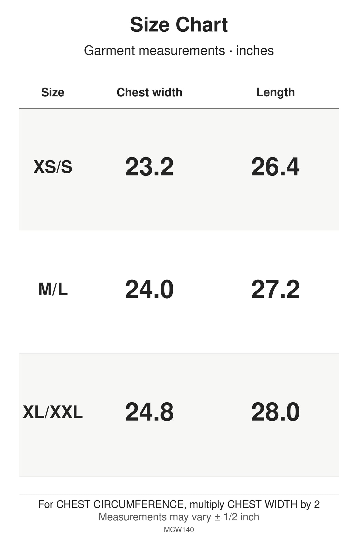 MCW140 size chart: garment measurements for XS/S, M/L, XL/XXL, in inches.