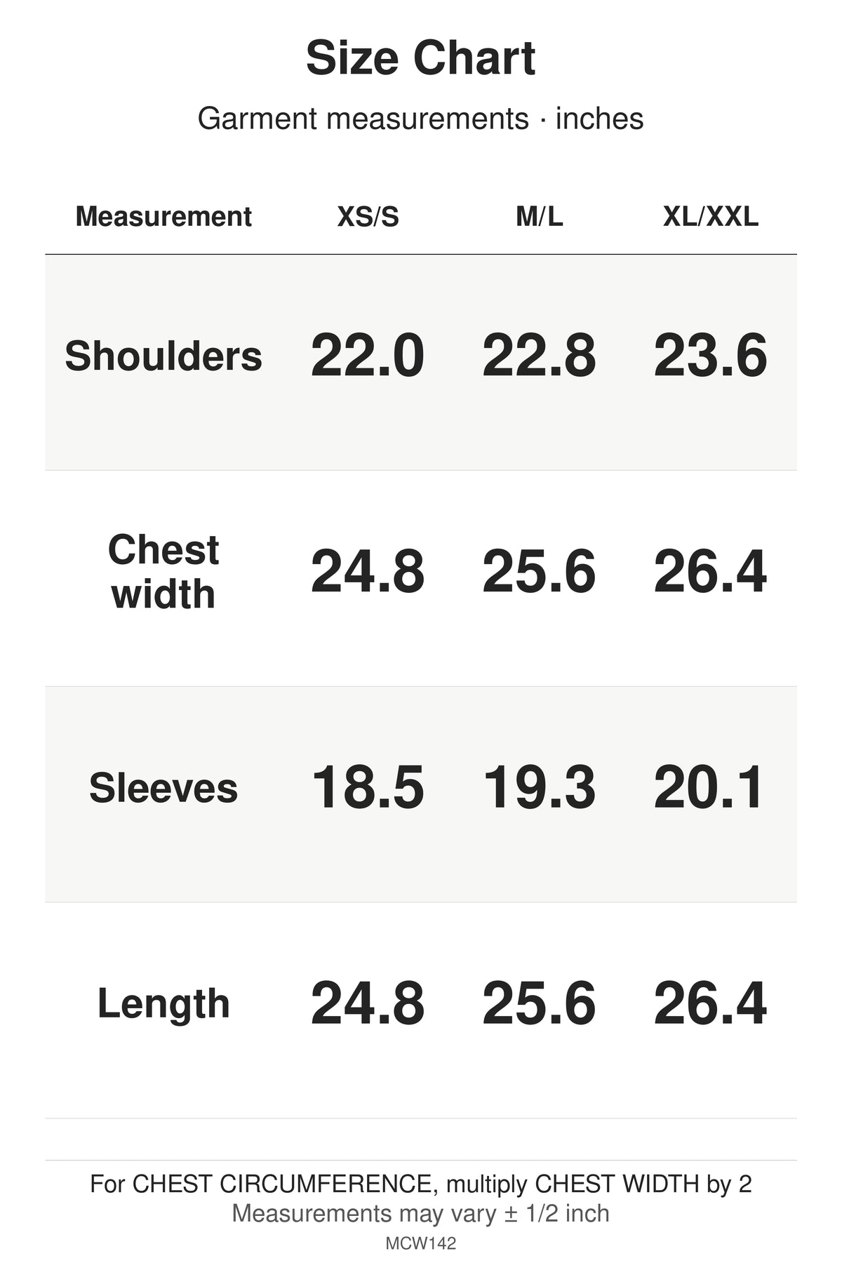 MCW142 size chart: garment shoulders, chest width, sleeves and length for XS/S, M/L and XL/XXL, in inches.