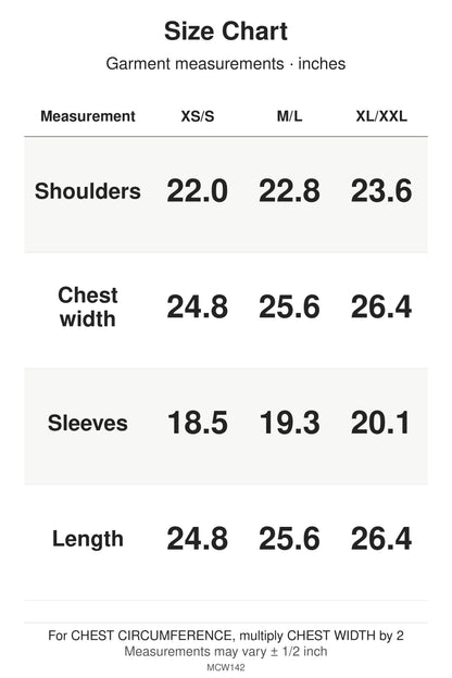 MCW142 size chart: garment shoulders, chest width, sleeves and length for XS/S, M/L and XL/XXL, in inches.