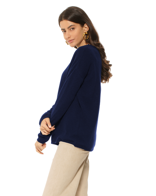 Lightweight Oversized Pure Cashmere Boatneck Sweater Blue