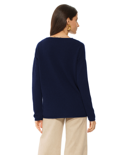 Lightweight Oversized Pure Cashmere Boatneck Sweater Blue