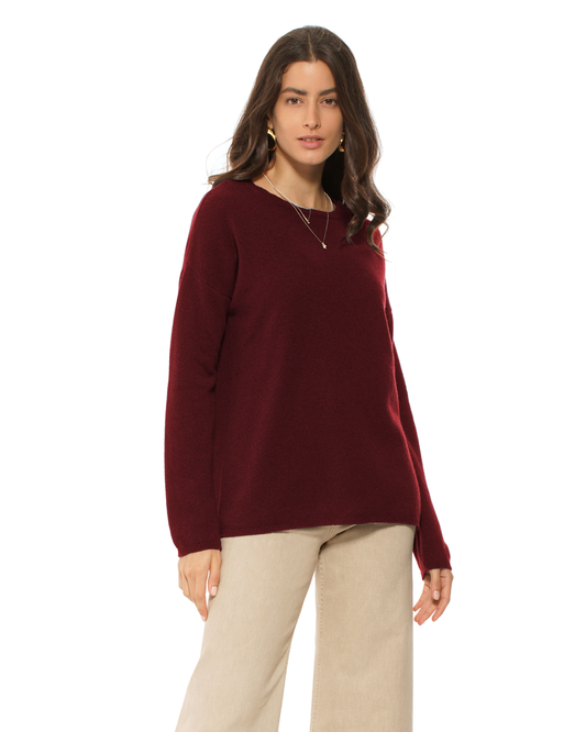 Lightweight Oversized Pure Cashmere Boatneck Sweater Bordeaux