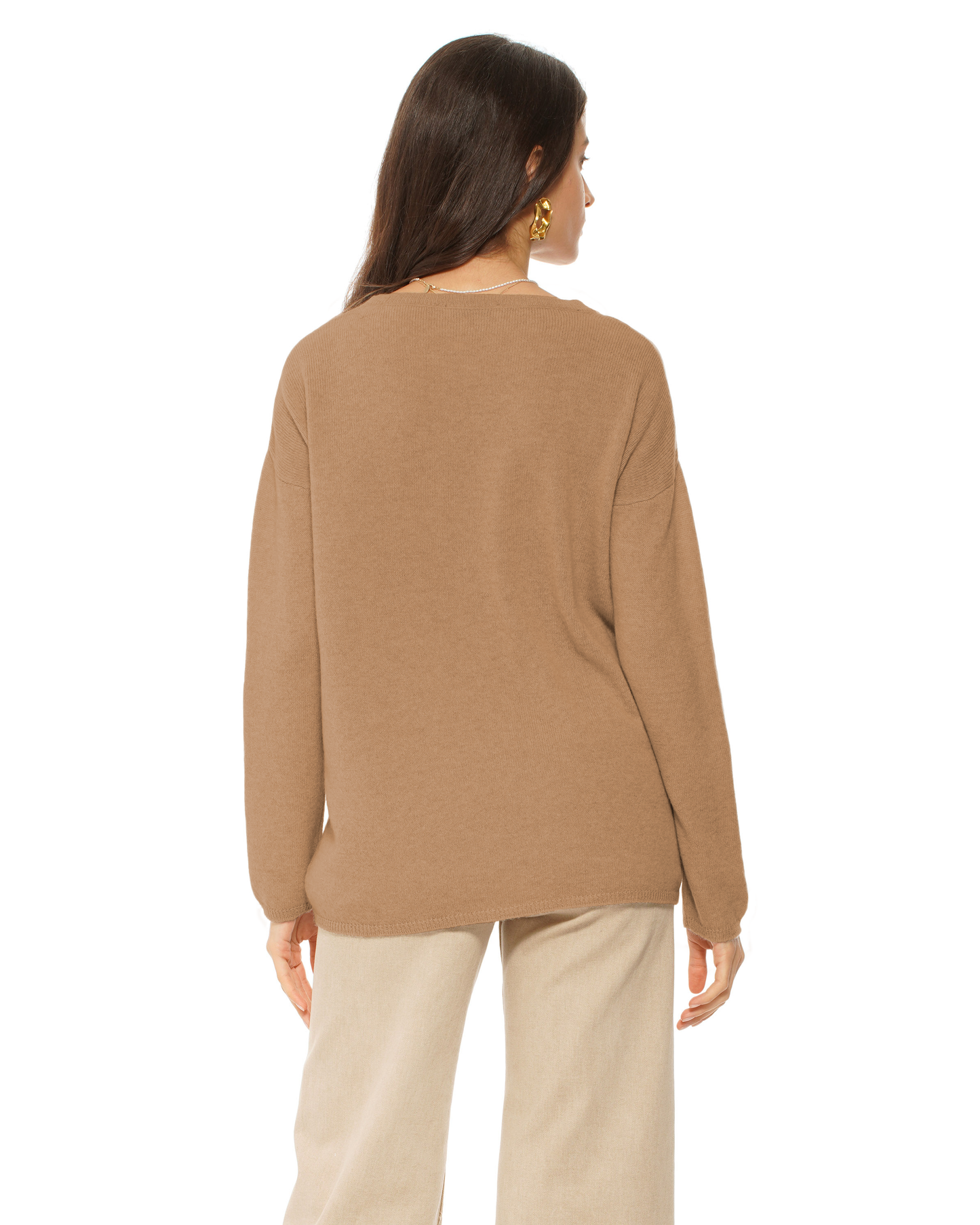 Lightweight Oversized Pure Cashmere Boatneck Sweater Camel