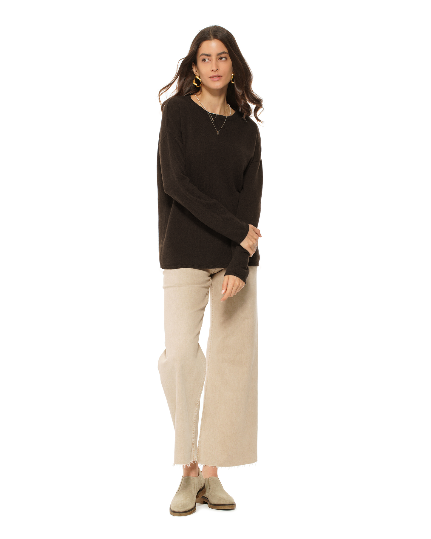 Lightweight Oversized Pure Cashmere Boatneck Sweater Coffee
