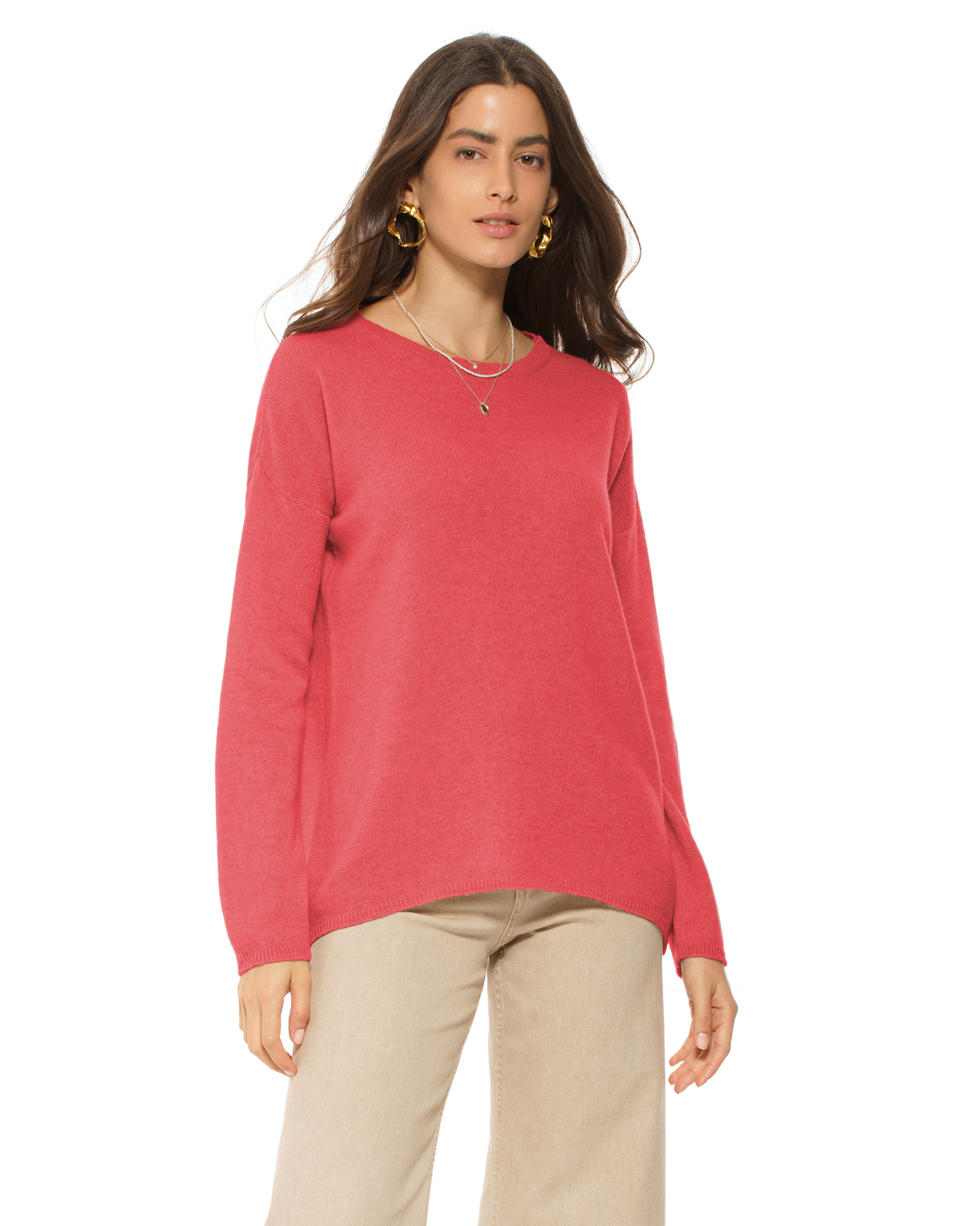 Lightweight Oversized Pure Cashmere Boatneck Sweater Coral Red