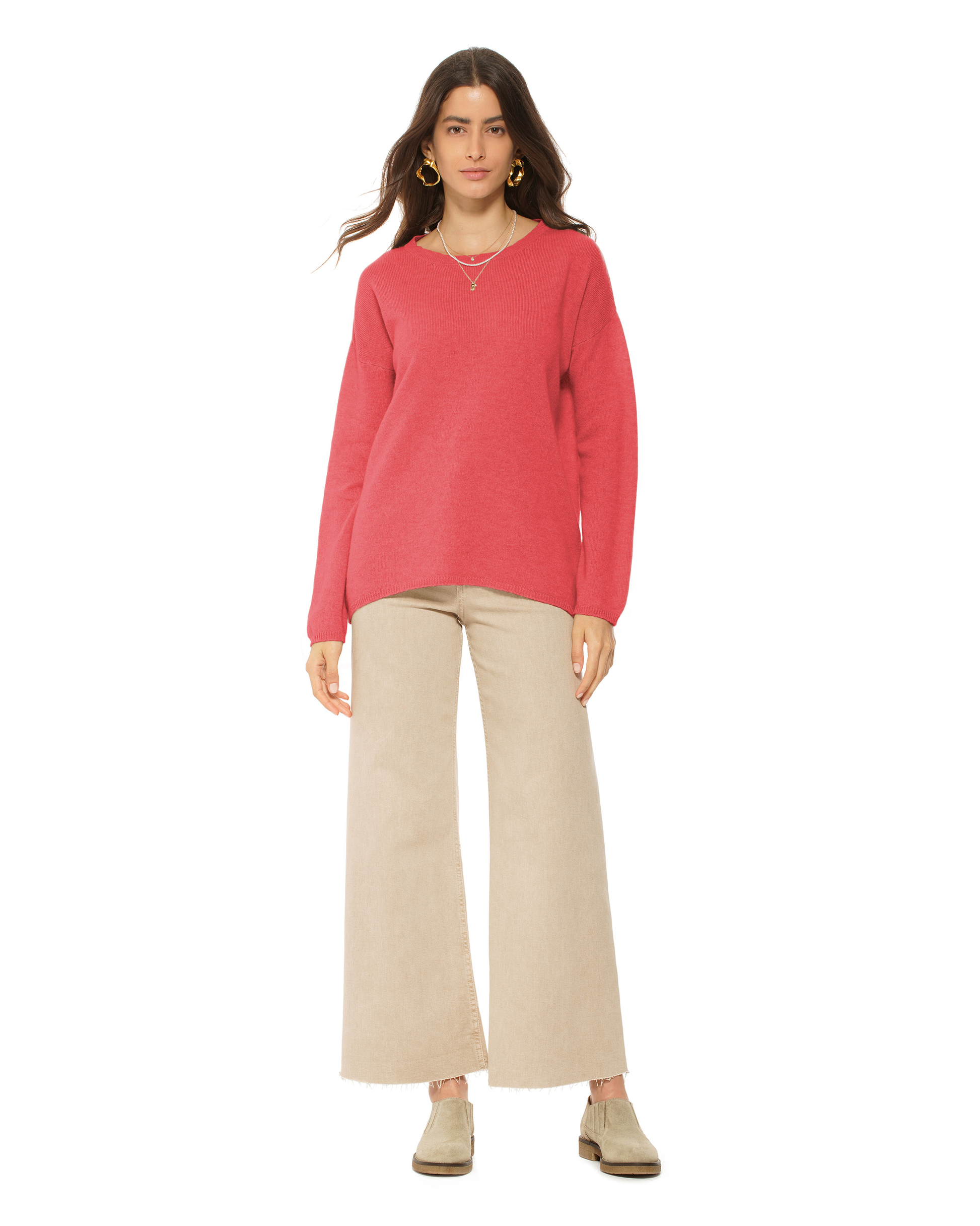 Lightweight Oversized Pure Cashmere Boatneck Sweater Coral Red