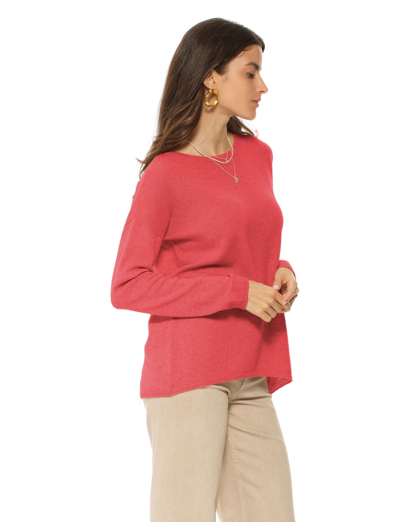 Lightweight Oversized Pure Cashmere Boatneck Sweater Coral Red
